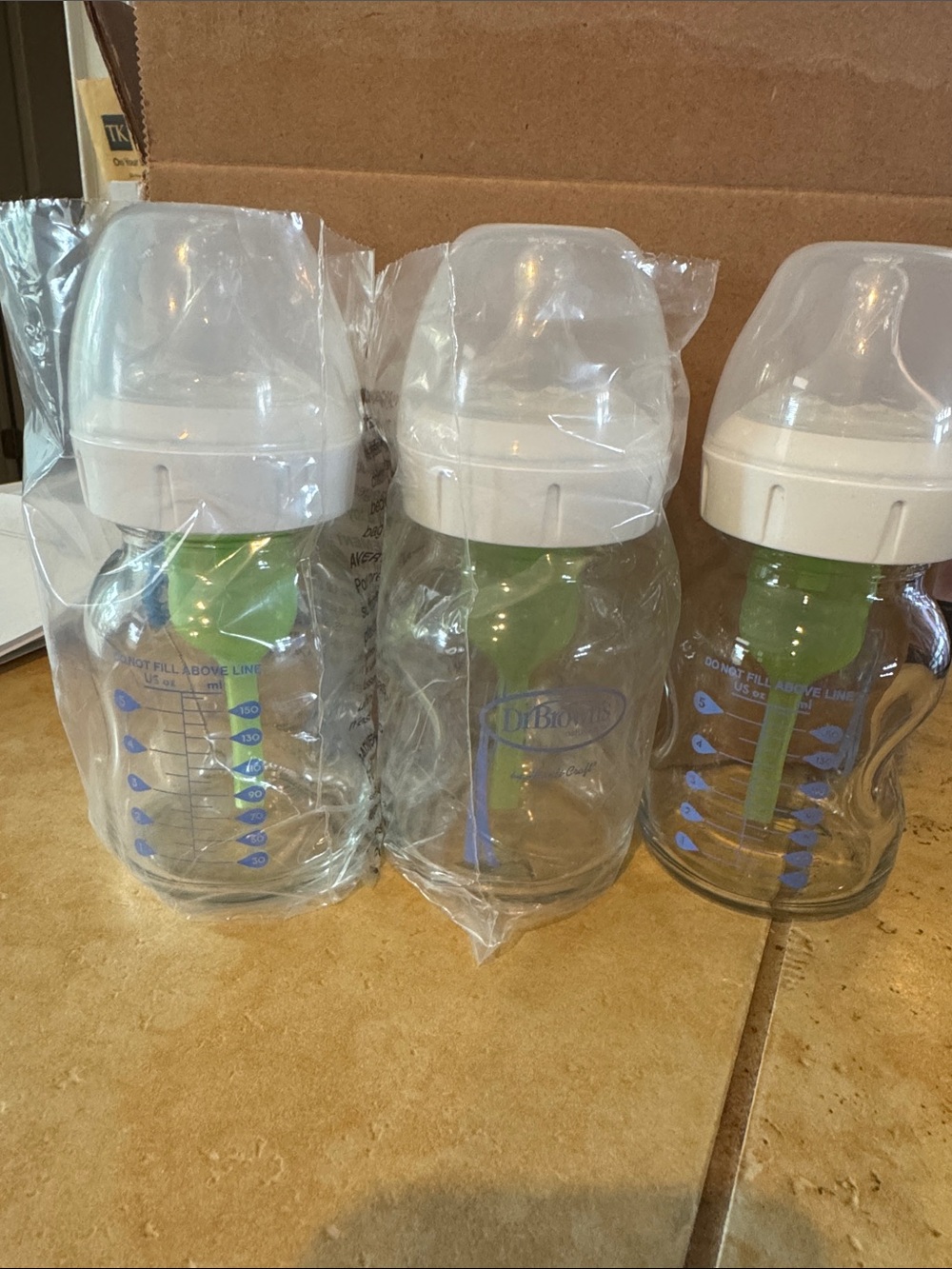 Dr. Brown's Clear Glass Baby Bottles with White Caps and Green Vents - Pack of 3